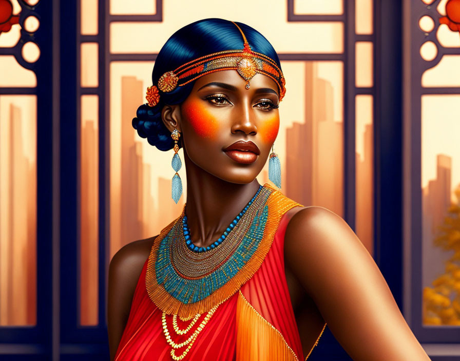 Dark-skinned woman in orange and gold attire with blue headscarf against ornate window and city