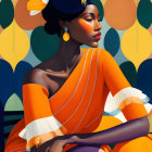 Portrait of woman with dark skin in orange dress, white cuffs, large earrings, against patterned backdrop