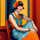 Colorful Artwork: Seated Woman in 1920s Flapper Style with Geometric Shapes