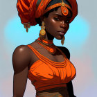 African woman in vibrant orange attire with gold jewelry