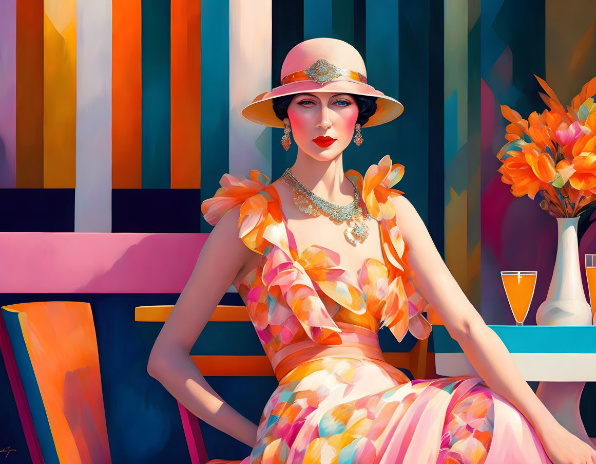 Vintage-style woman in orange dress and hat with brooch, sitting against colorful backdrop with vase of flowers