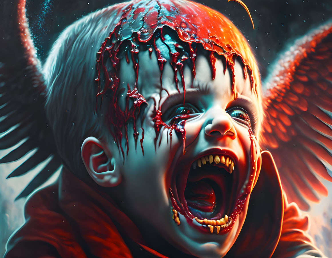 Surreal artwork: Baby with angel wings, melting head, vibrant red and orange tones