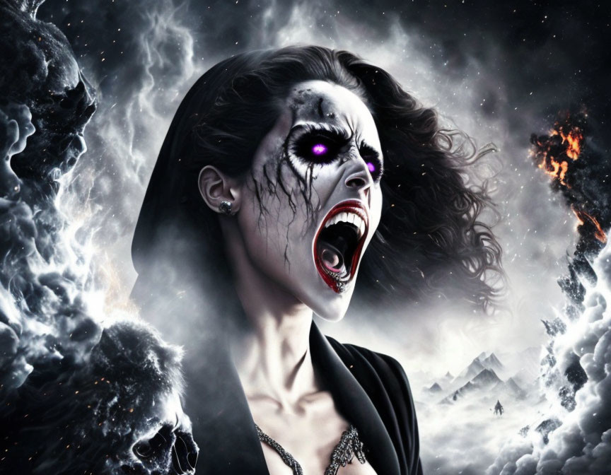 Fierce woman with vampire-like features in cosmic turmoil