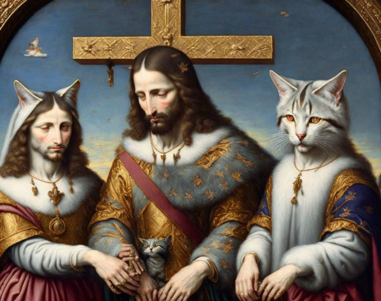 Cat-headed figures in medieval attire with cross and smaller cat.