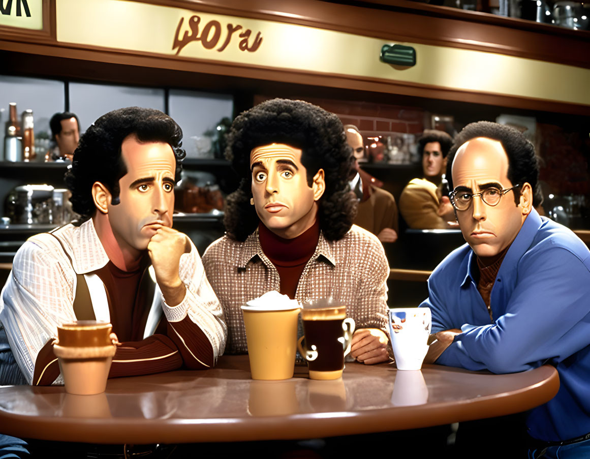 Three Men Sitting at Coffee Shop Counter with Mugs, Looking Pensive