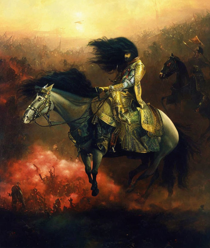 Armored warrior on white horse in dramatic battlefield with flames and soldiers.