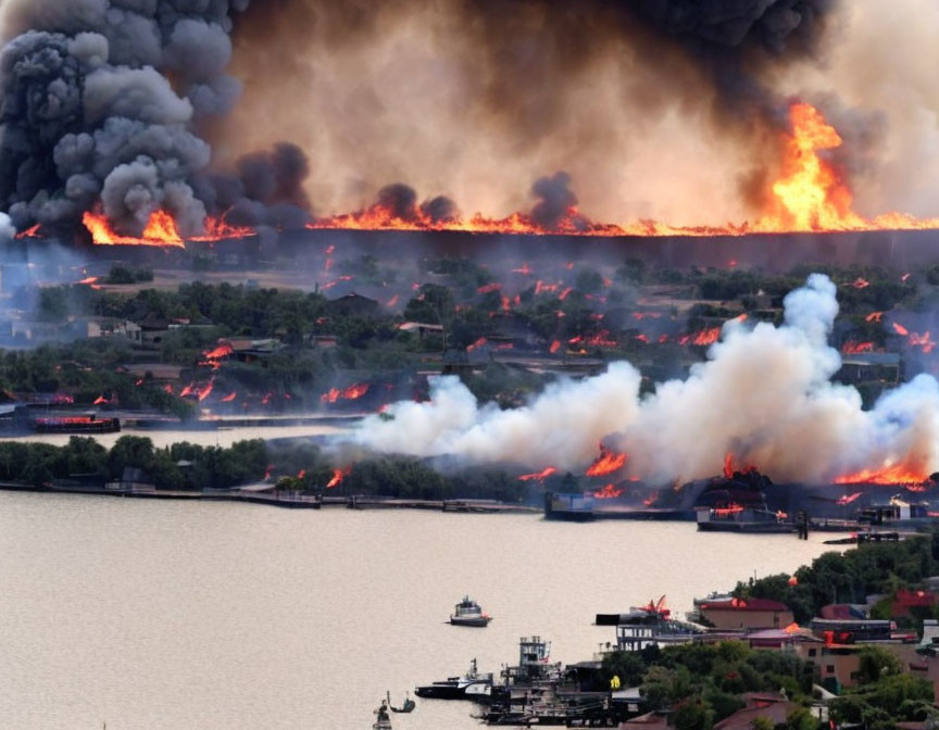 Massive waterfront wildfire with thick smoke and engulfed buildings.