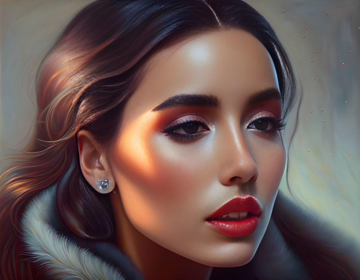 Woman portrait: glossy red lips, dramatic eye makeup, fur coat, subtle sparkles.