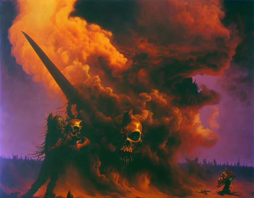 Fantastical painting of fiery landscape with skeletal warriors under flame-filled sky