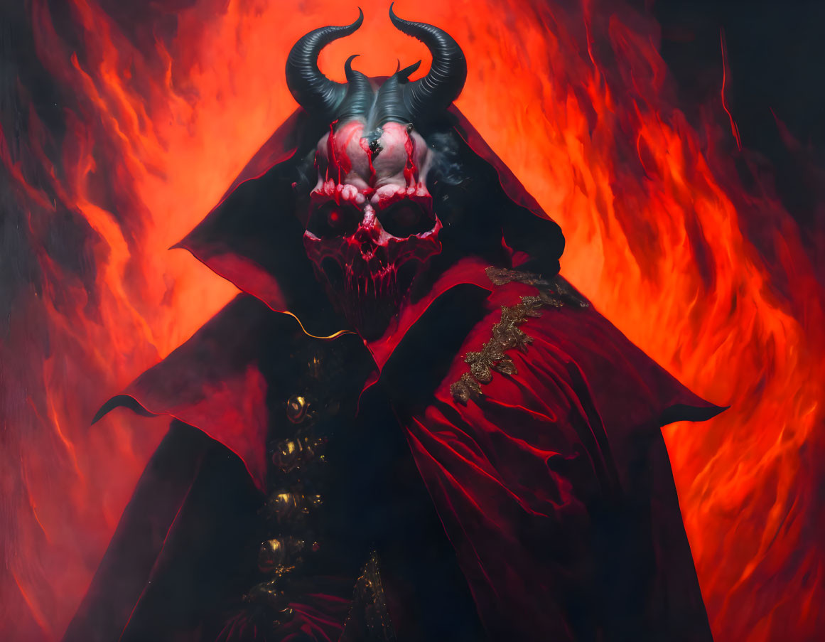 Dark figure with skull face and horns in fiery backdrop