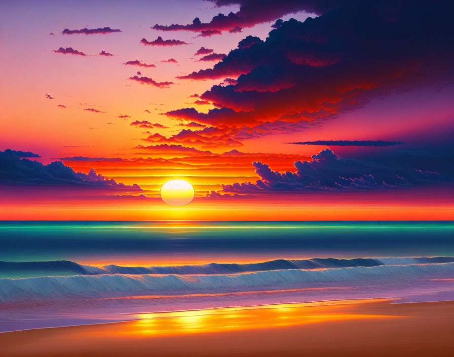 Scenic beach sunset with large sun, purple and orange clouds