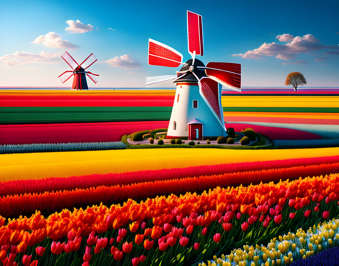 Colorful tulip fields with white windmill under blue sky