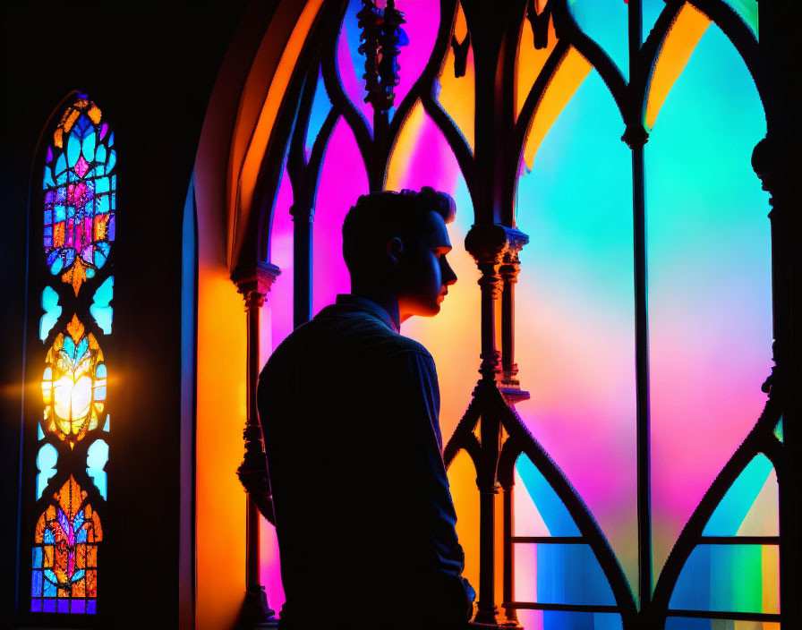 Silhouette standing before vibrant stained glass window in Gothic-style structure