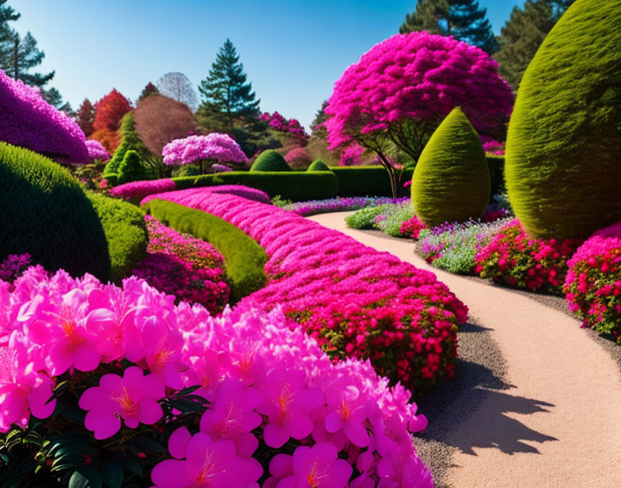 Lush garden pathway with pink azalea bushes and colorful flowers