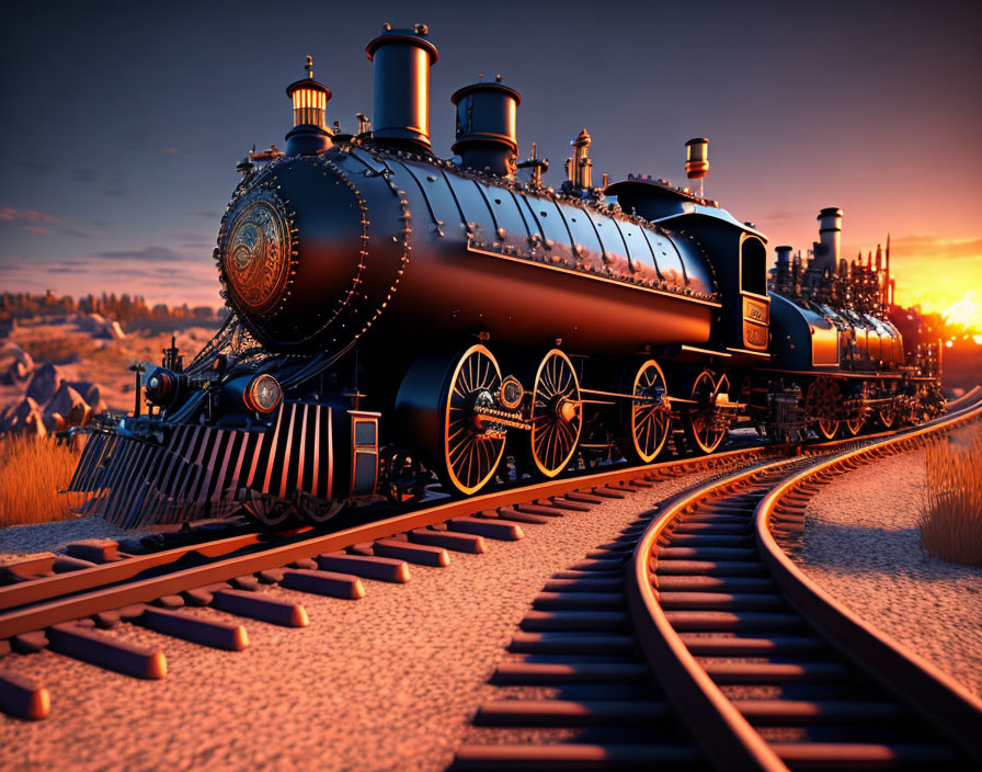 Vintage Steam Locomotive on Tracks at Sunset with Vibrant Sky and Detailed Metalwork