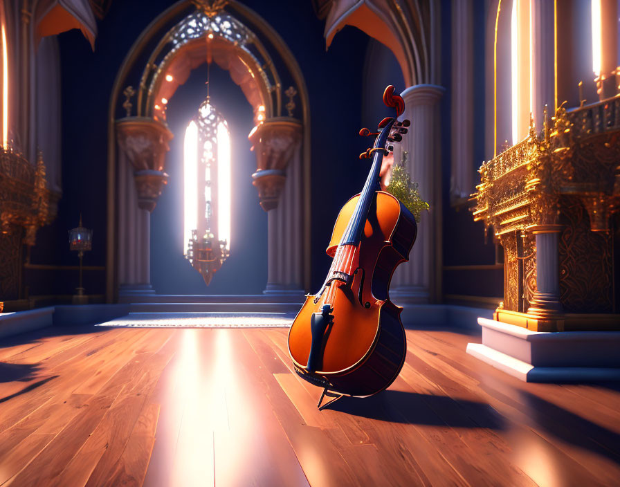 Grand sunlit hall showcases center stage cello