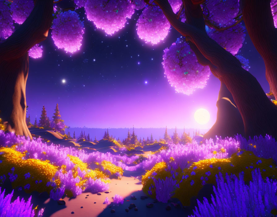 Twilight landscape with glowing purple trees and vibrant forest pathway