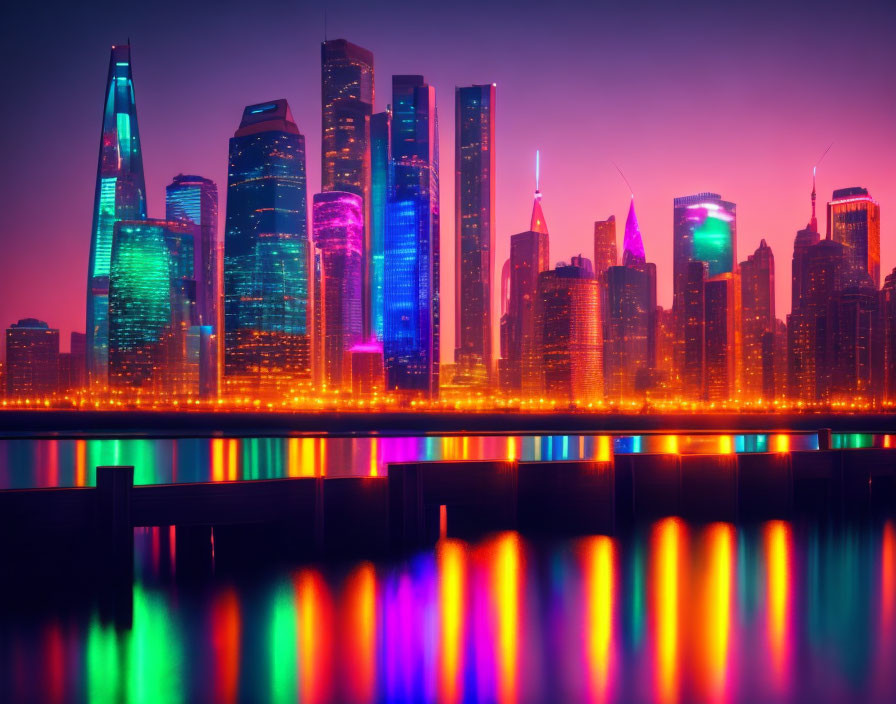 Futuristic city skyline at dusk with neon lights over calm river