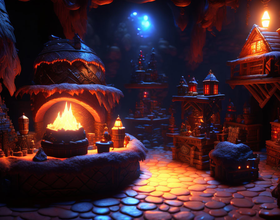 Snowy Night Village with Glowing Lanterns and Fire Pit