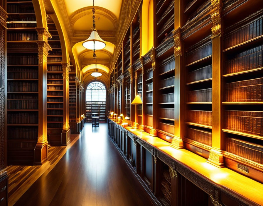 Sophisticated library with arched windows, warm lighting, and grand bookshelves.