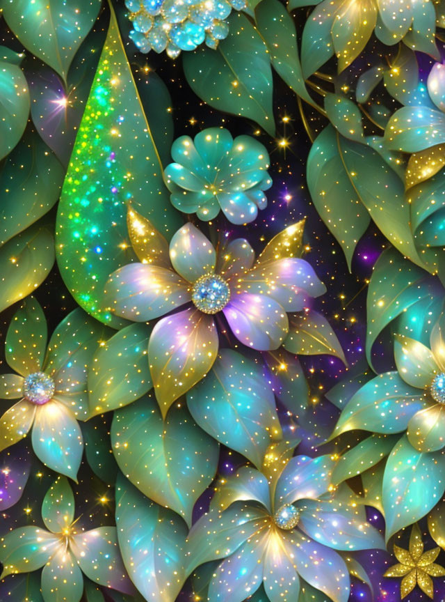 Luminescent teal and gold flowers on dark starry background