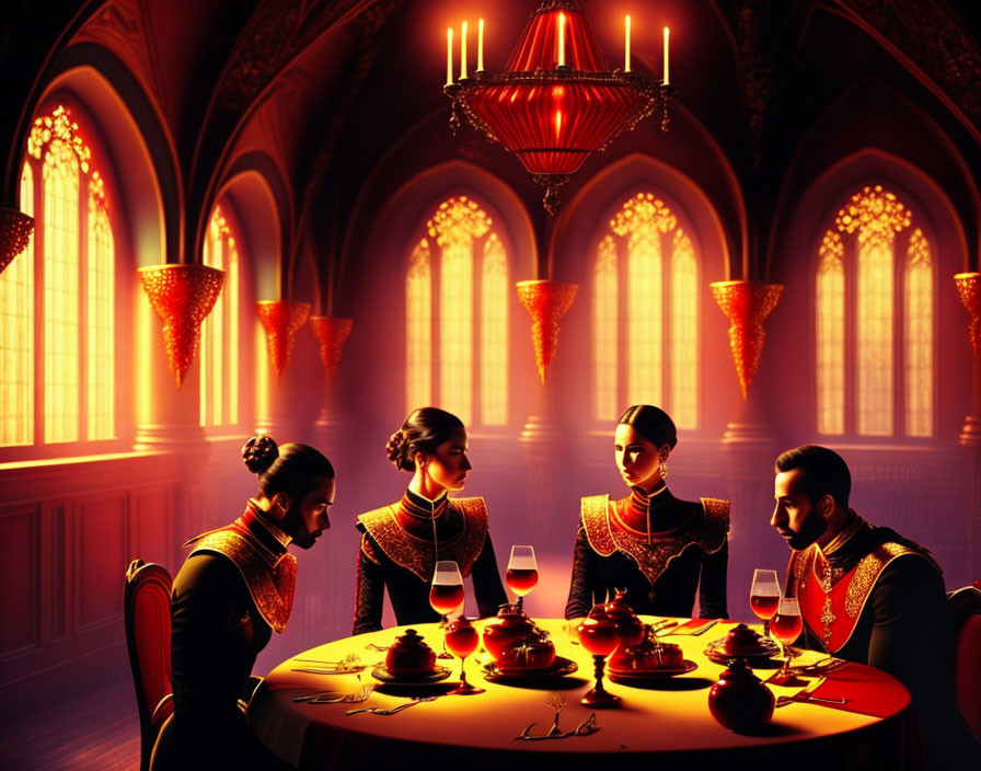 Four people in elaborate attire at opulent circular table in grand, gothic-style room.