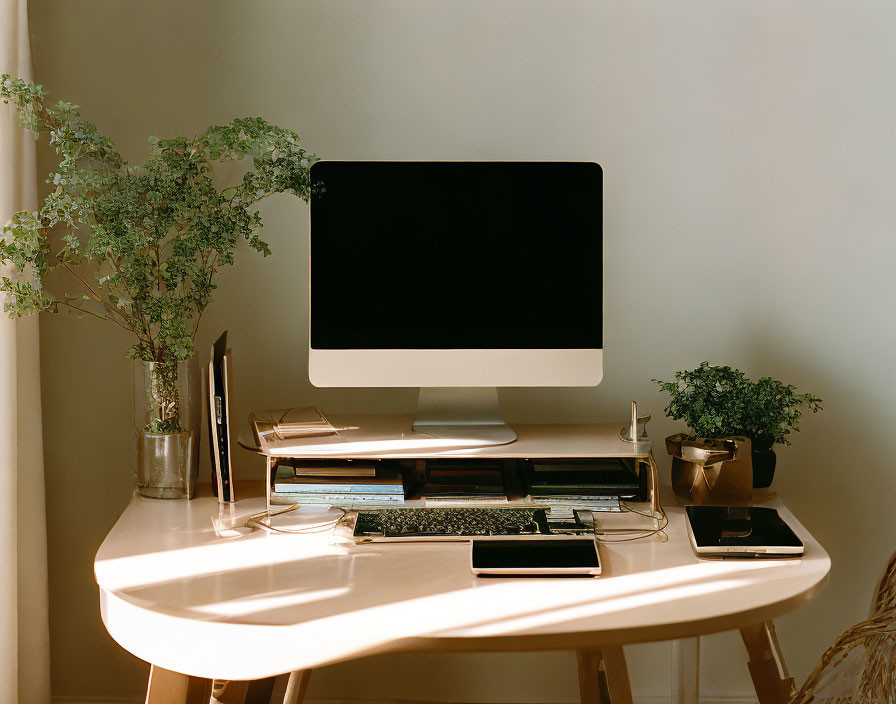 Organized iMac workspace with plants, stationery, and smartphone on white desk