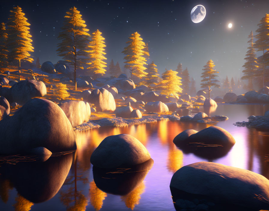 Tranquil lakeside twilight with golden-lit trees and glowing moon