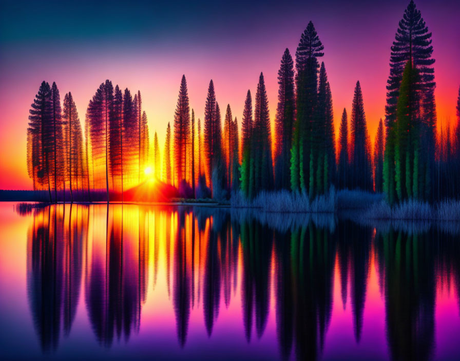 Scenic sunset: purple and orange hues on calm lake