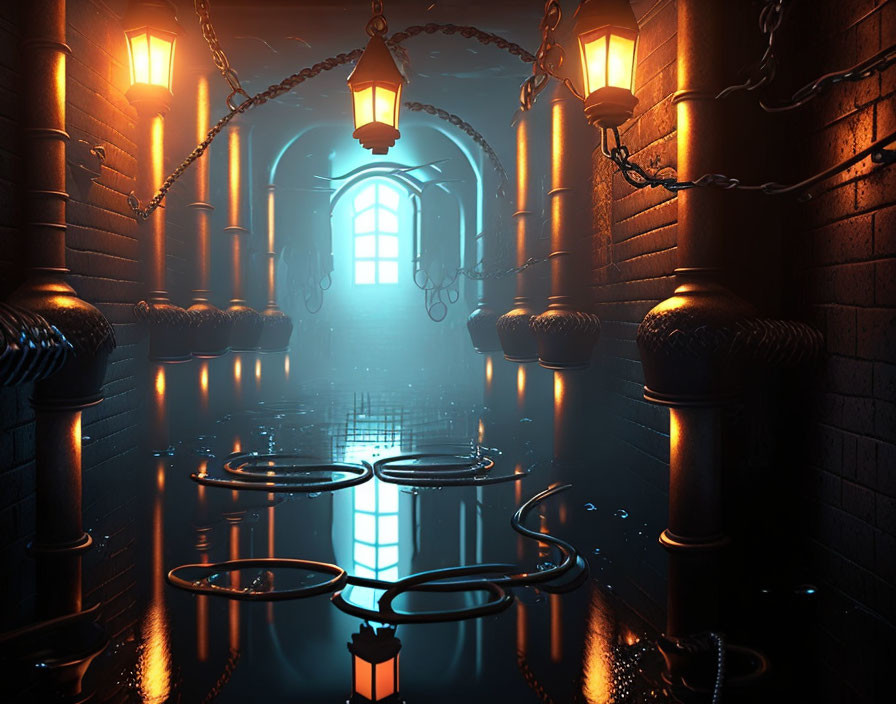 Dimly Lit Flooded Dungeon Corridor with Arched Doors and Lanterns