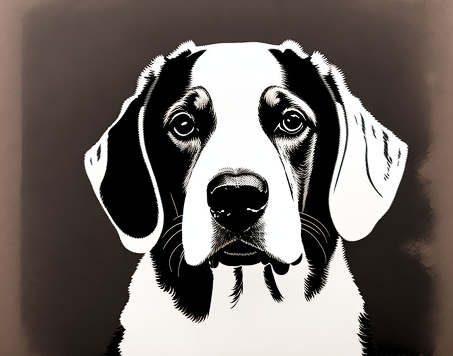 Stylized black and white dog illustration with floppy ears on sepia background