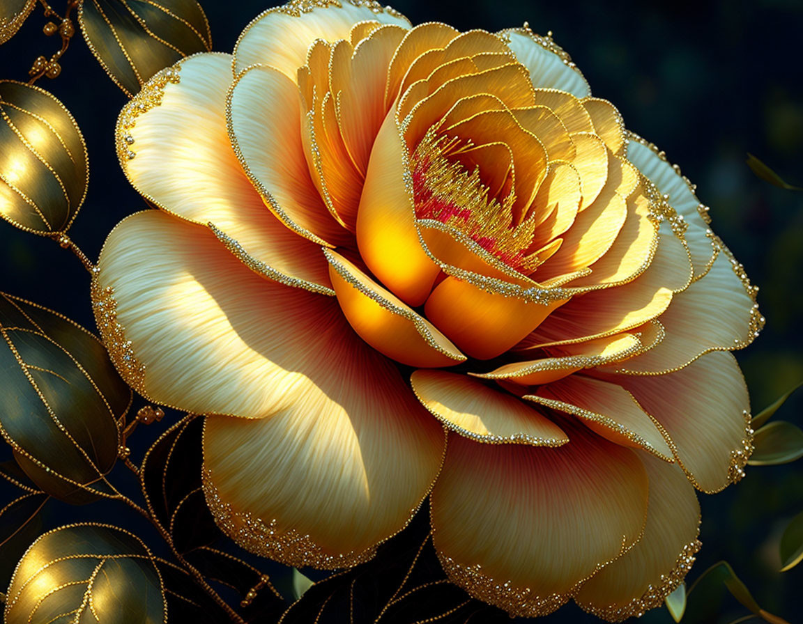 Shimmering gold flower with intricate petal patterns on dark backdrop