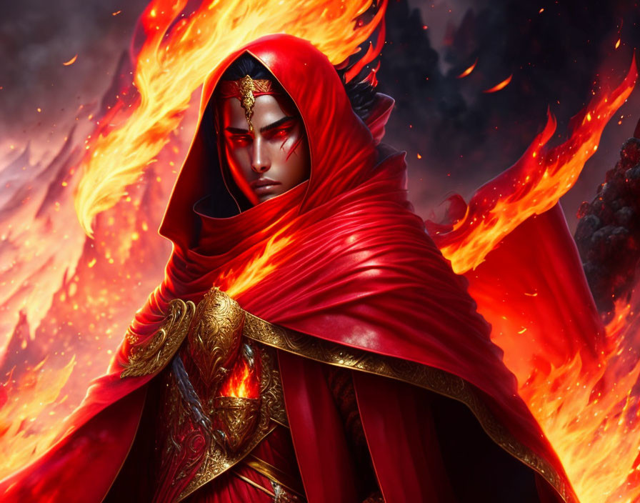 Figure in elaborate red and gold armor in fiery setting with intense eyes and crimson cloak