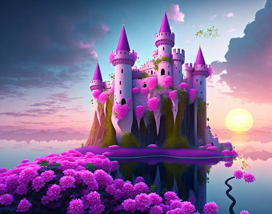 Pink castle on green cliff with spires, pink flora, sunset sky