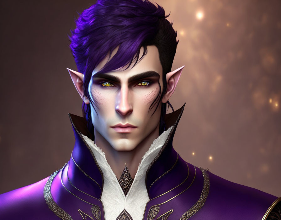 Fantasy male character with purple hair, pointed ears, and ornate outfit