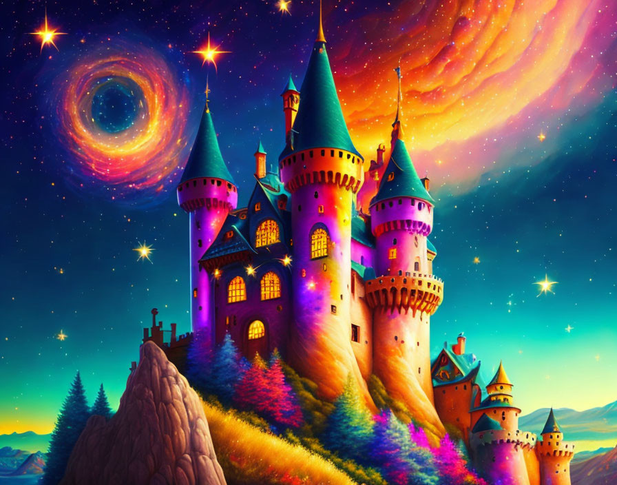 Colorful Fantasy Castle Against Cosmic Background with Stars