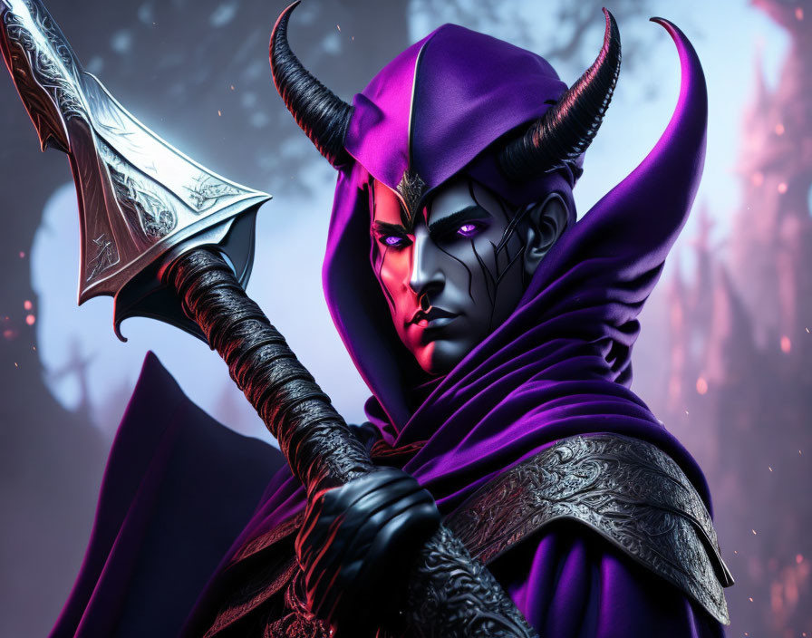 Fantasy character with horns, purple cloak, large sword, fiery backdrop