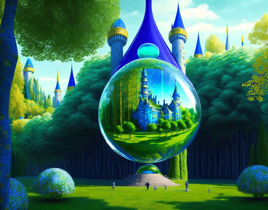 Fantasy landscape with green forest, blue towers, and reflective bubble.