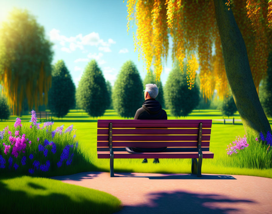 Person sitting on purple bench in serene park with vibrant flowers and lush green trees