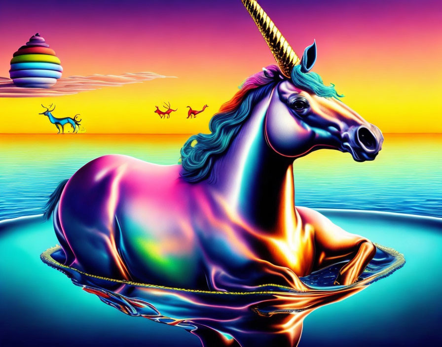 Majestic iridescent unicorn in colorful sunset scene