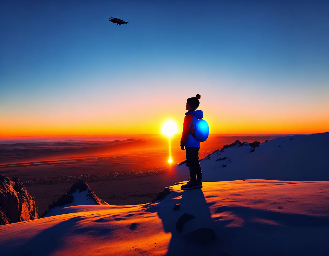 Hiker on snowy peak at sunrise with helicopter in distance