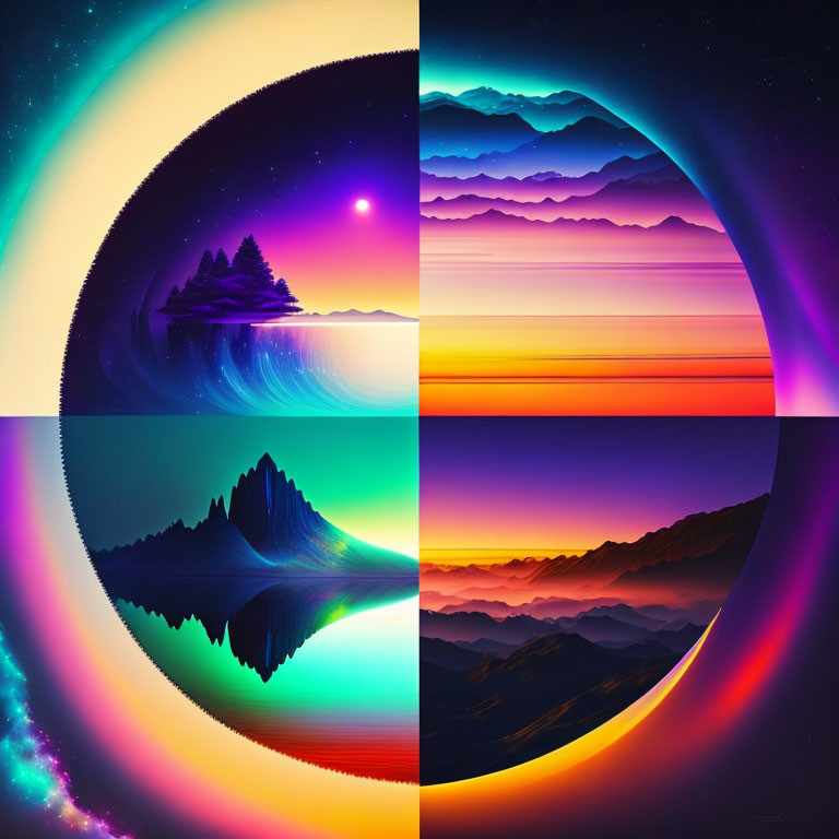 Four Landscape Collage with Night Skies, Mountains, Sunset, and Water Reflections