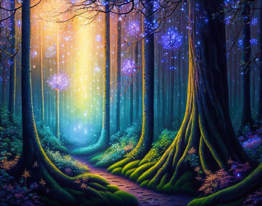 Enchanted forest with glowing trees, starry sky, vibrant flora