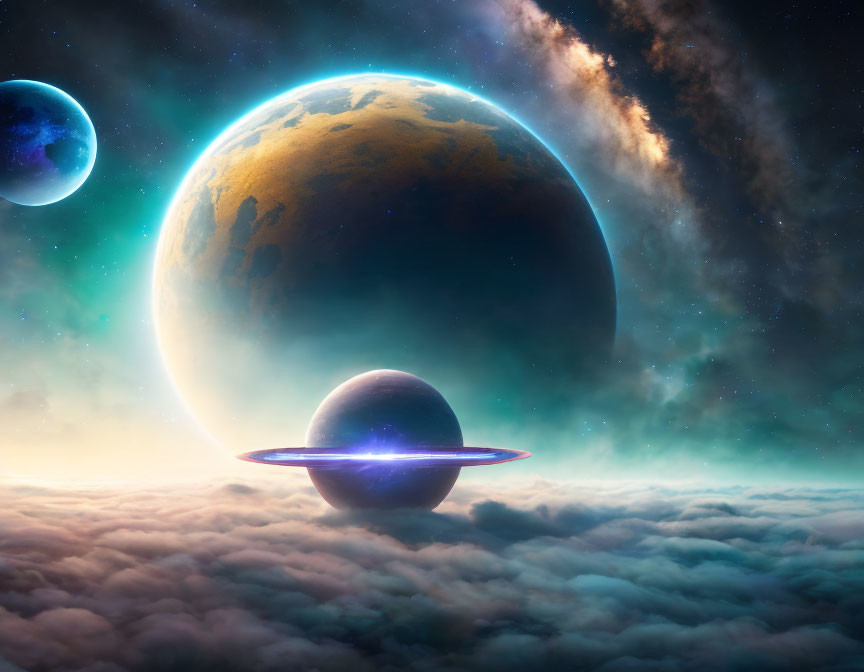 Two Large Planets in Sci-Fi Scene with Glowing Ring