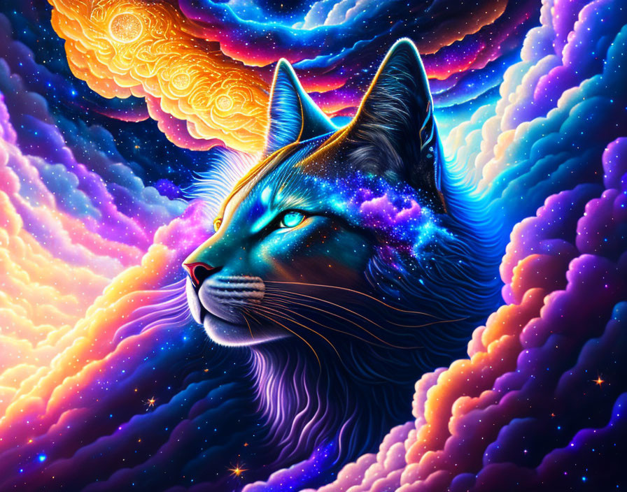 Cosmic cat digital art with blue, purple, and orange nebulas