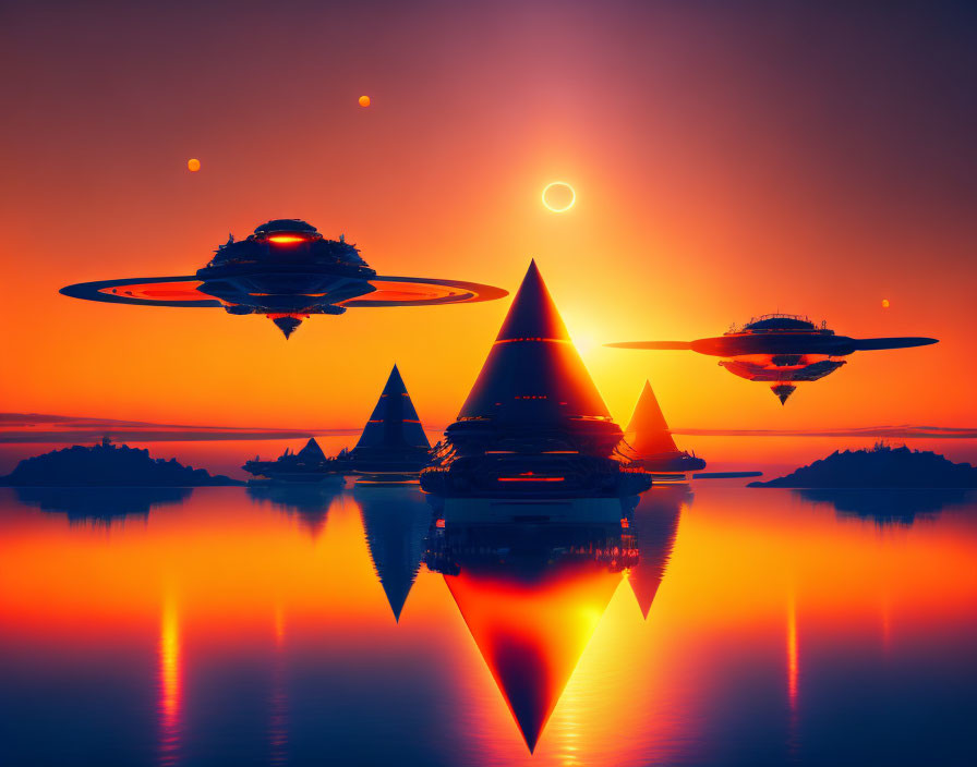 Orange Sunset Over Water with Silhouetted Islands and UFOs