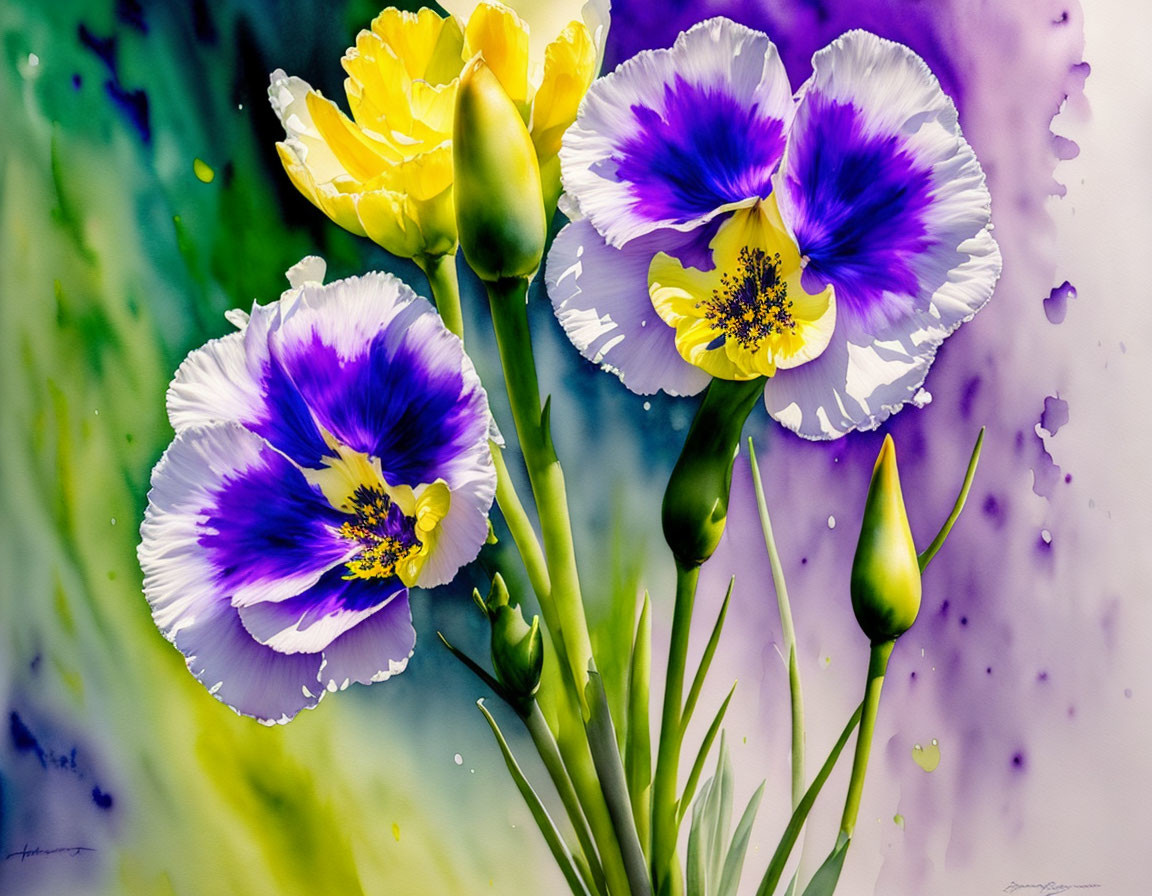 Colorful painting of purple and yellow pansies on a multicolored background