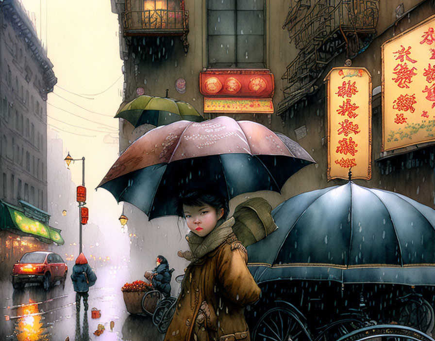 Urban Asian Winter Scene with Person Holding Umbrella Amid Neon Signs & Lanterns