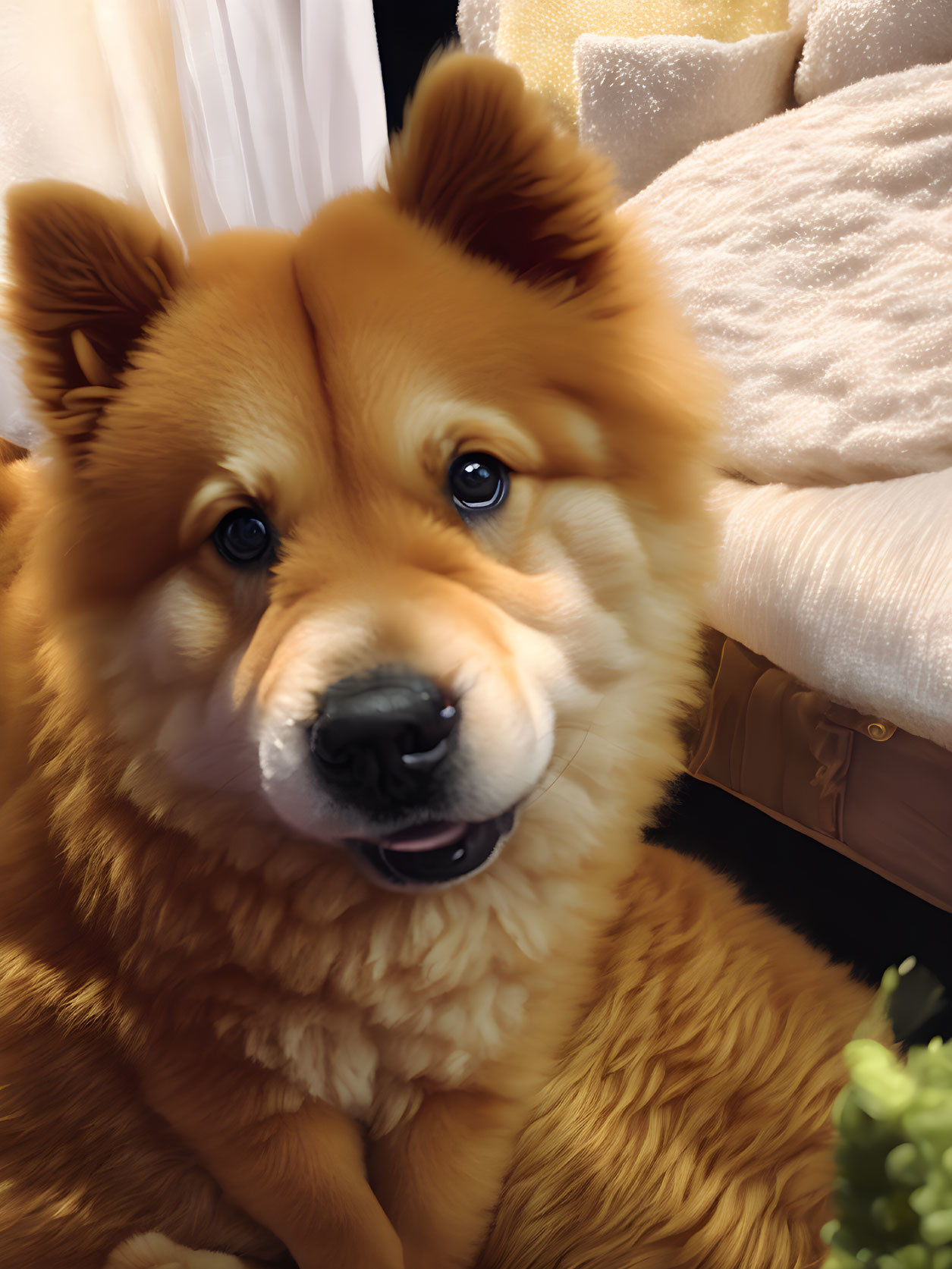 Fluffy Brown Dog with Bright Eyes and Black Nose Sitting Indoors