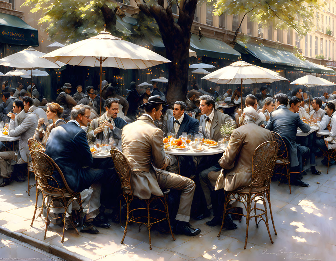 Vintage Outdoor Café Scene with Patrons Engaged in Conversations